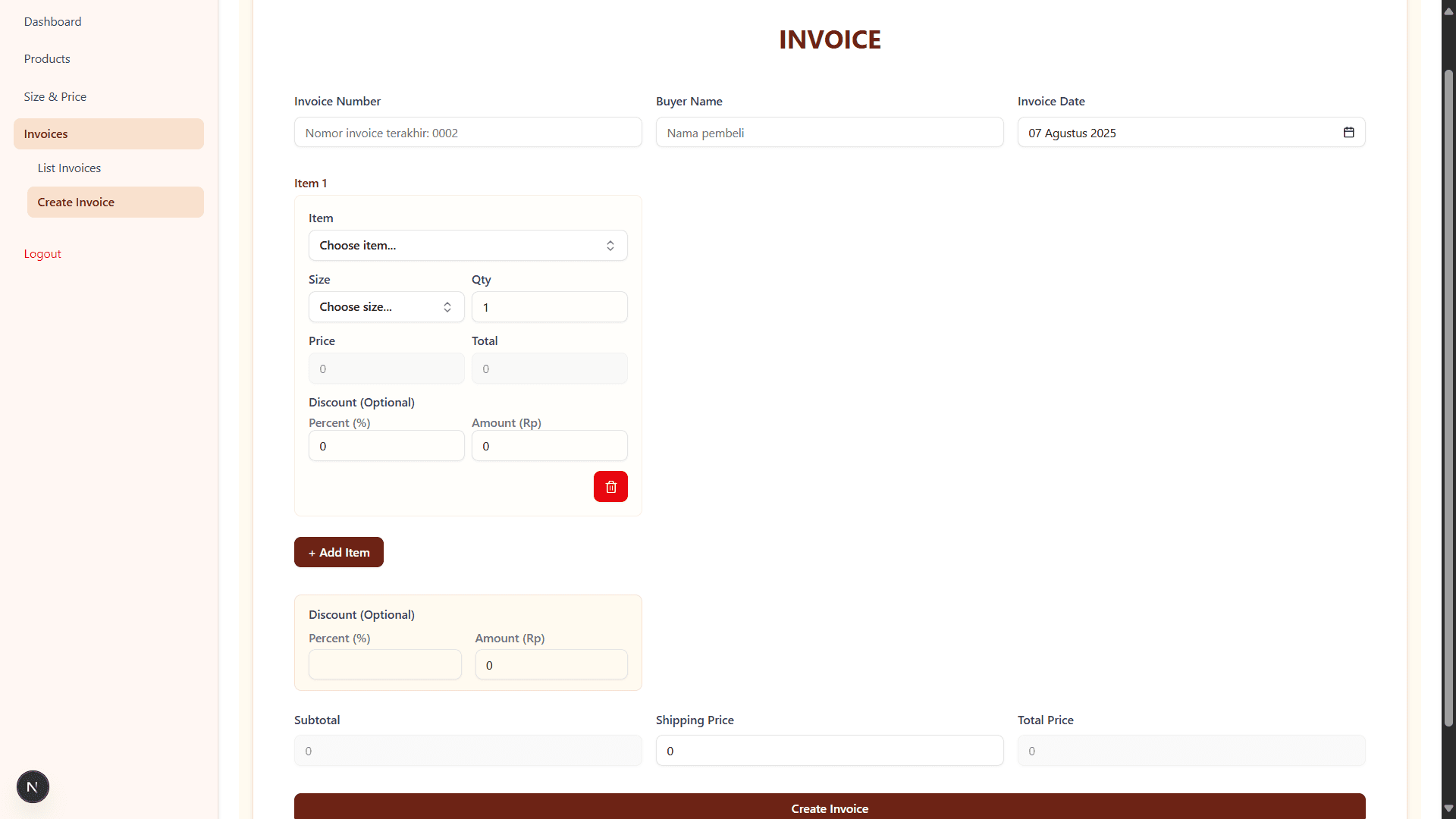 Create Invoice page